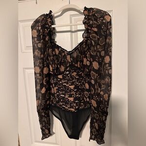 Free People Floral Black and Brown Bodysuit